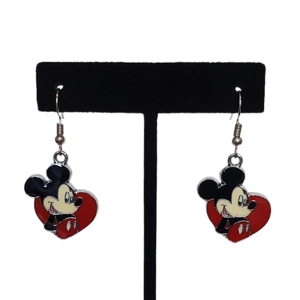 Estate Silver-Tone Mickey Mouse Valentine's Day Red Heart Enamel Earrings